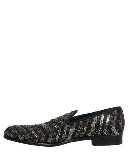 Dolce & Gabbana Men's Leather & Crystal Loafer Slip-On Shoes - Black Silver