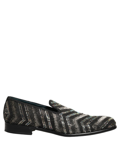 Dolce & Gabbana Men's Leather & Crystal Loafer Slip-On Shoes - Black Silver