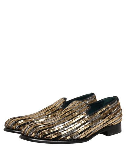 Dolce & Gabbana Men's Leather & Sequins Loafer Slip-On Shoes - Gold Striped