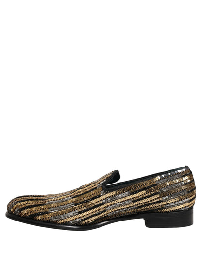 Dolce & Gabbana Men's Leather & Sequins Loafer Slip-On Shoes - Gold Striped