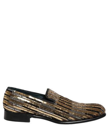 Dolce & Gabbana Men's Leather & Sequins Loafer Slip-On Shoes - Gold Striped