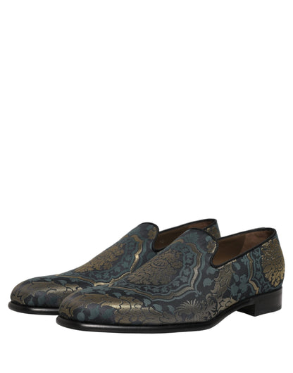 Dolce & Gabbana Men's Leather Loafer Slip-On Shoes - Black Gold Floral