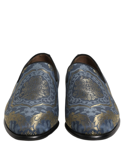 Dolce & Gabbana Men's Leather Loafer Slip-On Shoes - Blue Gold Floral