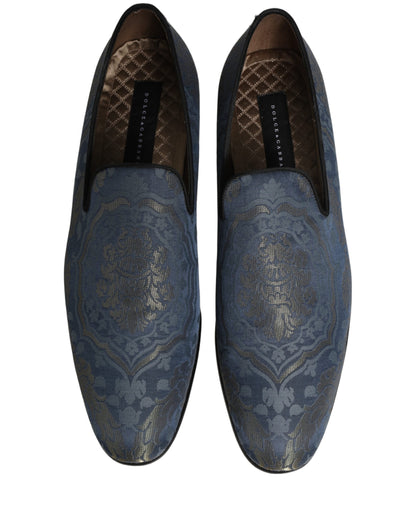 Dolce & Gabbana Men's Leather Loafer Slip-On Shoes - Blue Gold Floral