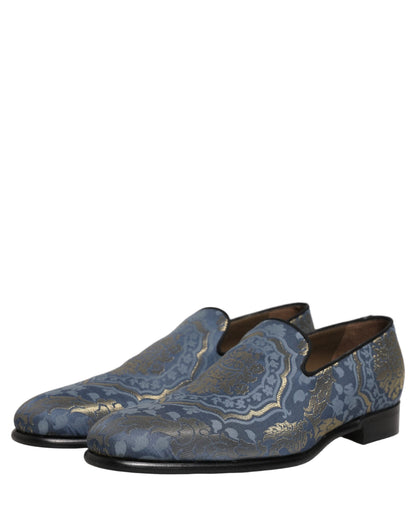 Dolce & Gabbana Men's Leather Loafer Slip-On Shoes - Blue Gold Floral