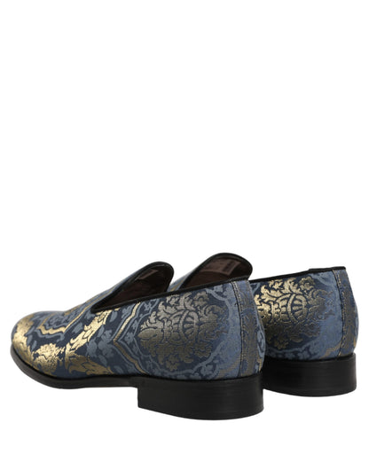Dolce & Gabbana Men's Leather Loafer Slip-On Shoes - Blue Gold Floral