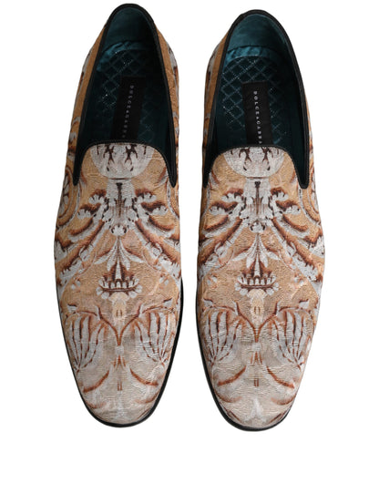 Dolce & Gabbana Men's Leather Loafer Slip-On Shoes - Cream Gold Patterned