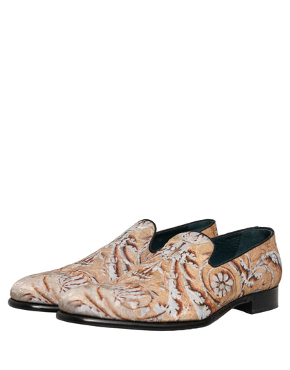 Dolce & Gabbana Men's Leather Loafer Slip-On Shoes - Cream Gold Patterned
