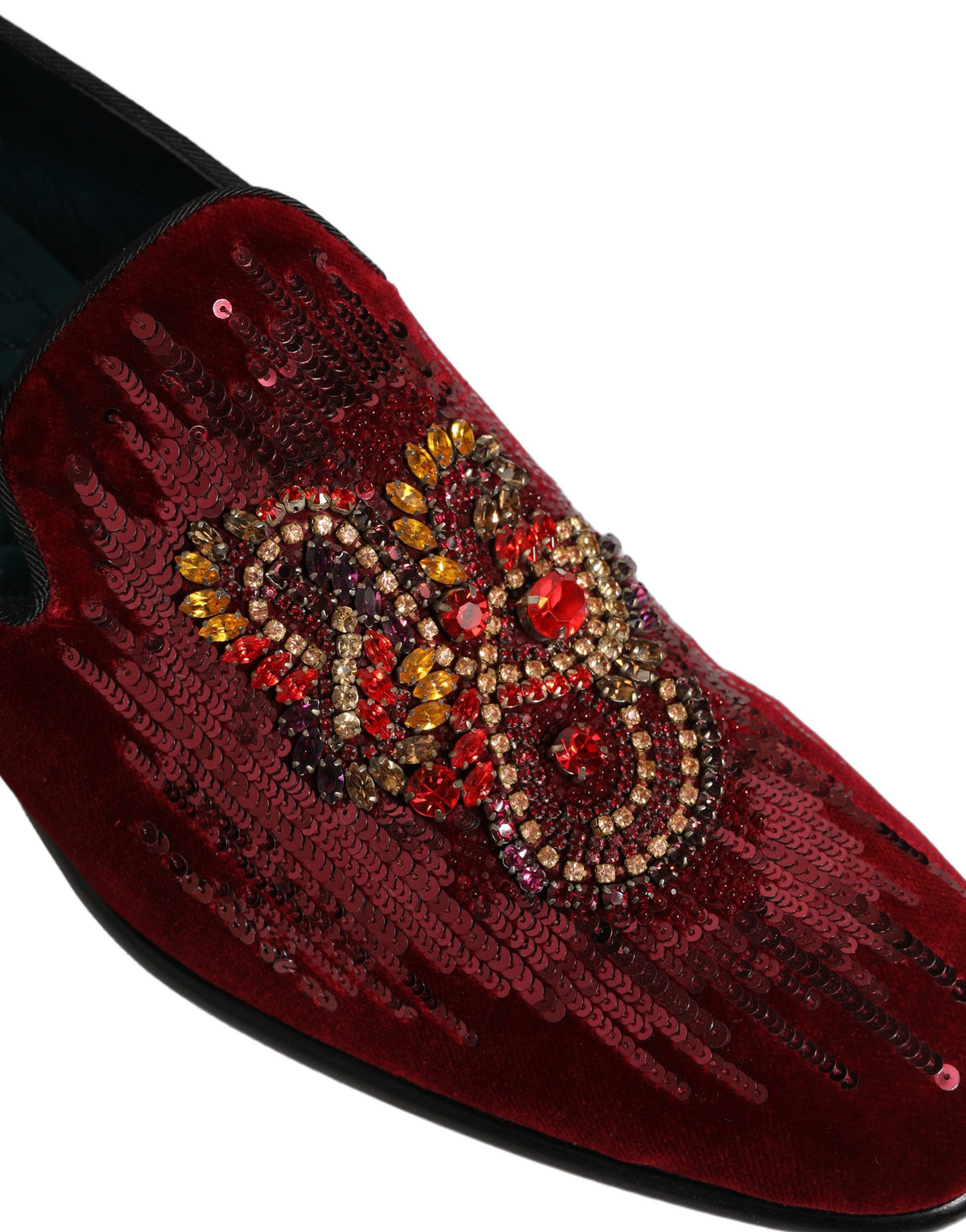 Dolce & Gabbana Men's Leather Plush Velvet & Sequins Loafer Slip-On Slippers Shoes - Bordeaux Maroon
