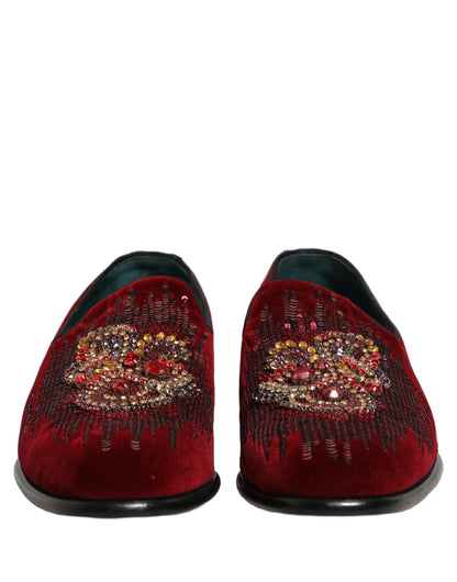 Dolce & Gabbana Men's Leather Plush Velvet & Sequins Loafer Slip-On Slippers Shoes - Bordeaux Maroon
