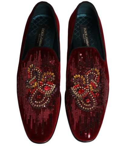 Dolce & Gabbana Men's Leather Plush Velvet & Sequins Loafer Slip-On Slippers Shoes - Bordeaux Maroon