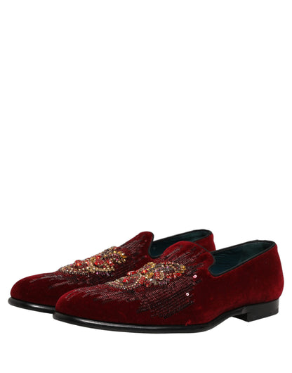 Dolce & Gabbana Men's Leather Plush Velvet & Sequins Loafer Slip-On Slippers Shoes - Bordeaux Maroon