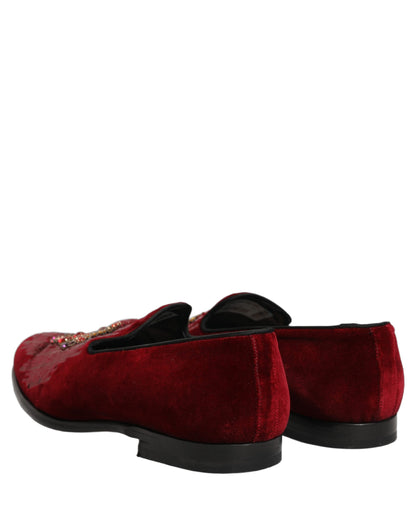 Dolce & Gabbana Men's Leather Plush Velvet & Sequins Loafer Slip-On Slippers Shoes - Bordeaux Maroon