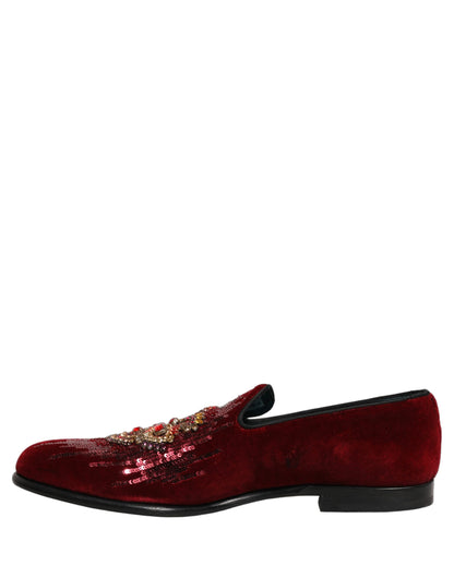Dolce & Gabbana Men's Leather Plush Velvet & Sequins Loafer Slip-On Slippers Shoes - Bordeaux Maroon