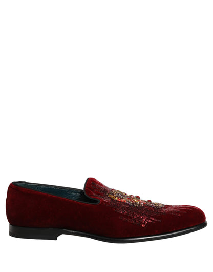 Dolce & Gabbana Men's Leather Plush Velvet & Sequins Loafer Slip-On Slippers Shoes - Bordeaux Maroon