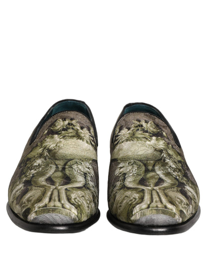 Dolce & Gabbana Men's Leather Loafer Slip-On Shoes - Brown Gray Green Jacquard Print