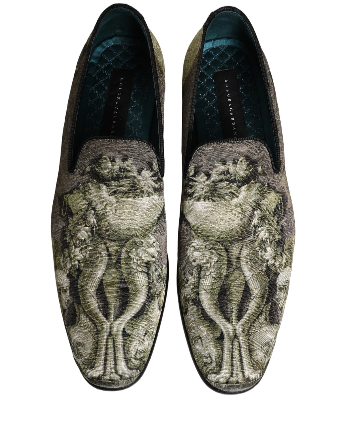 Dolce & Gabbana Men's Leather Loafer Slip-On Shoes - Brown Gray Green Jacquard Print