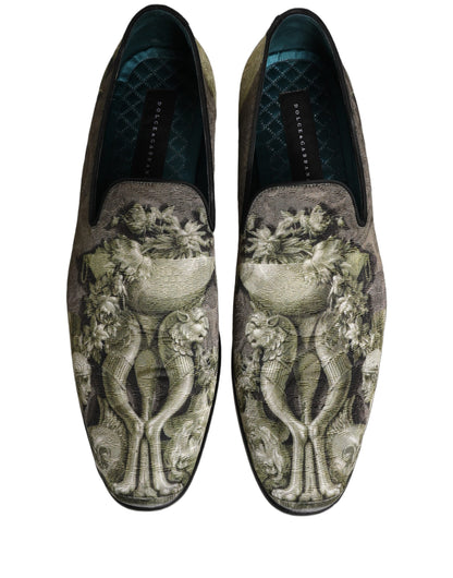 Dolce & Gabbana Men's Leather Loafer Slip-On Shoes - Brown Gray Green Jacquard Print