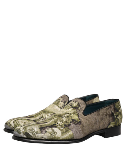 Dolce & Gabbana Men's Leather Loafer Slip-On Shoes - Brown Gray Green Jacquard Print