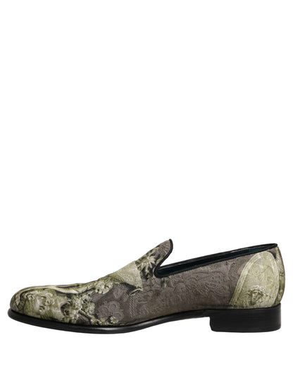 Dolce & Gabbana Men's Leather Loafer Slip-On Shoes - Brown Gray Green Jacquard Print