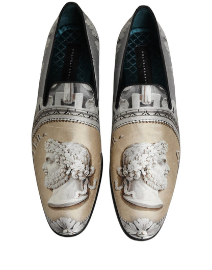 Dolce & Gabbana Men's Leather Loafer Slip-On Shoes - Beige Gray Multicolor Signature