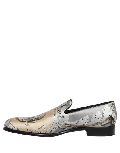 Dolce & Gabbana Men's Leather Loafer Slip-On Shoes - Beige Gray Multicolor Signature