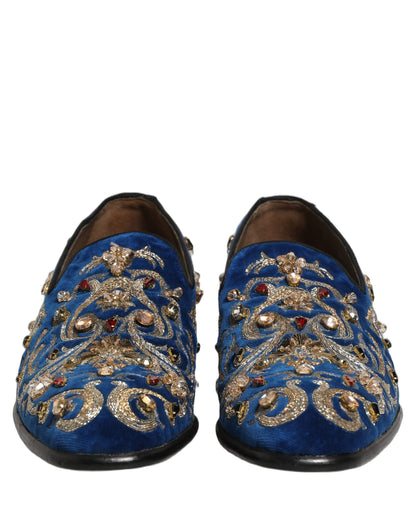 Dolce & Gabbana Men's Leather & Velvet Loafer Slip-On Shoes - Blue Gold