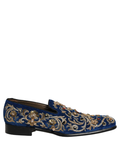 Dolce & Gabbana Men's Leather & Velvet Loafer Slip-On Shoes - Blue Gold
