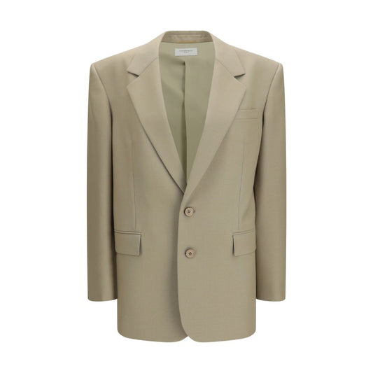 Blazer by Saint Laurent for women in wool & silk beige showcases a discerning silhouette, elegantly detailed with a sophisticated and premium for a truly discerning finish.