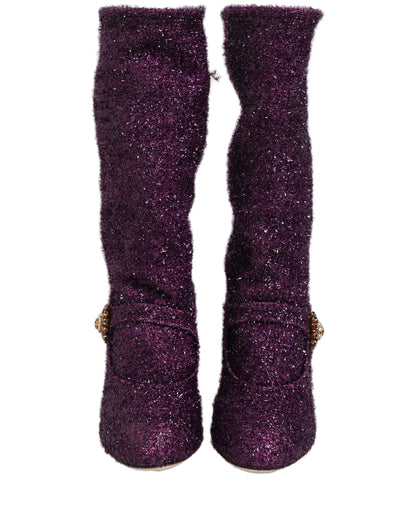 Dolce & Gabbana 501 Aria Fantasy Women's Lurex Leather & Crystal High-Heel Boots - Purple