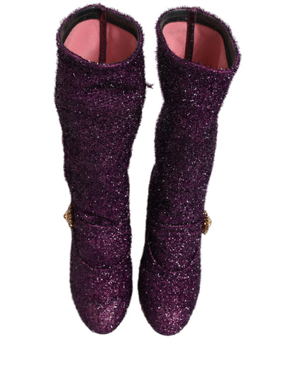 Dolce & Gabbana 501 Aria Fantasy Women's Lurex Leather & Crystal High-Heel Boots - Purple