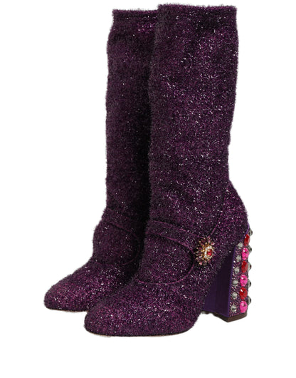 Dolce & Gabbana 501 Aria Fantasy Women's Lurex Leather & Crystal High-Heel Boots - Purple