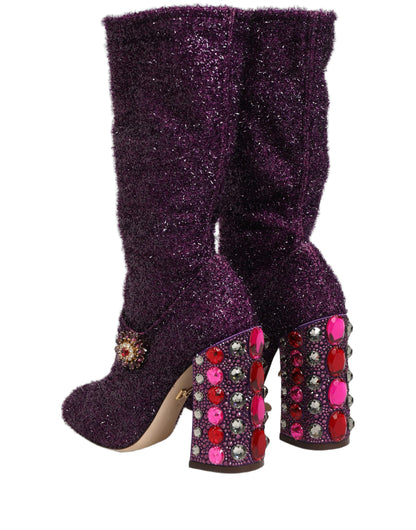 Dolce & Gabbana 501 Aria Fantasy Women's Lurex Leather & Crystal High-Heel Boots - Purple