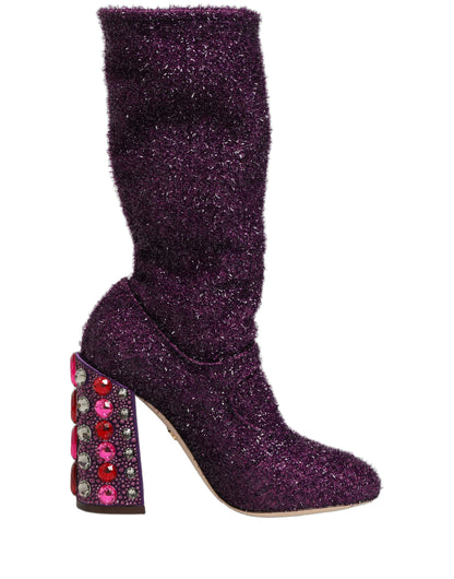 Dolce & Gabbana 501 Aria Fantasy Women's Lurex Leather & Crystal High-Heel Boots - Purple