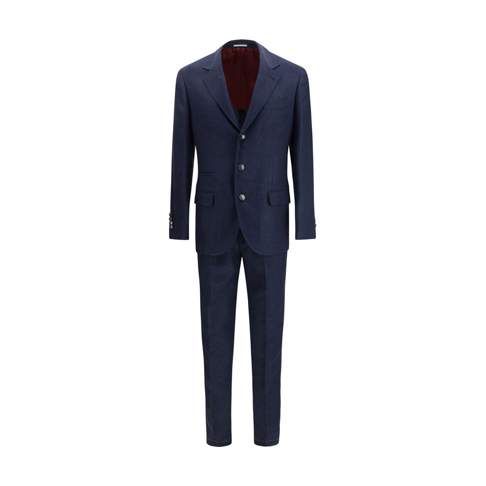 Pant Suit by Brunello Cucinelli for men in linen silk & wool blue showcases a sartorial silhouette, artfully detailed with a sophisticated and a sartorial regular-fit & wide for a refined, high-fashion aesthetic.