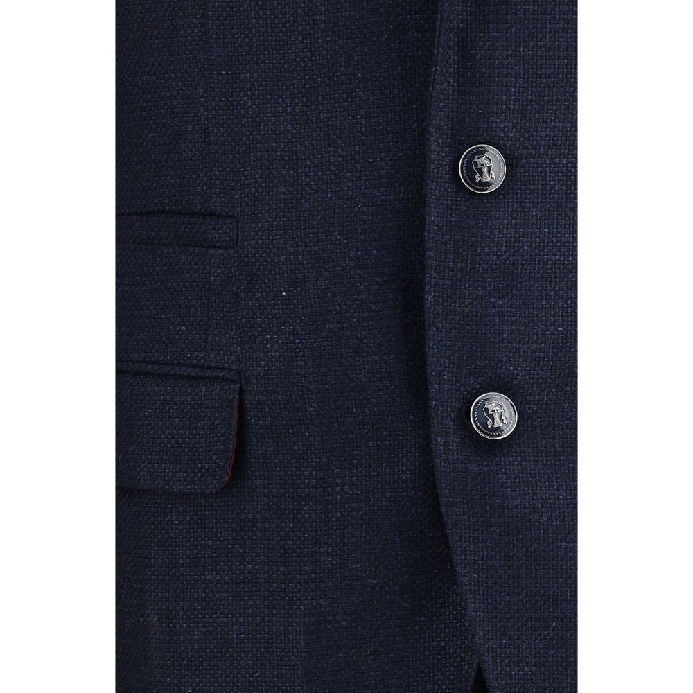 Pant Suit by Brunello Cucinelli for men in linen silk & wool blue presents a nuanced silhouette, showcasing a nuanced and nuanced regular-fit & wide for an elevated aesthetic.