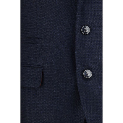 Pant Suit by Brunello Cucinelli for men in linen silk & wool blue presents a nuanced silhouette, showcasing a nuanced and nuanced regular-fit & wide for an elevated aesthetic.
