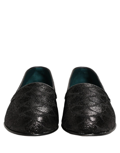 Dolce & Gabbana Men's Leather Loafer Slip-On Shoes - Black Patterned Jacquard