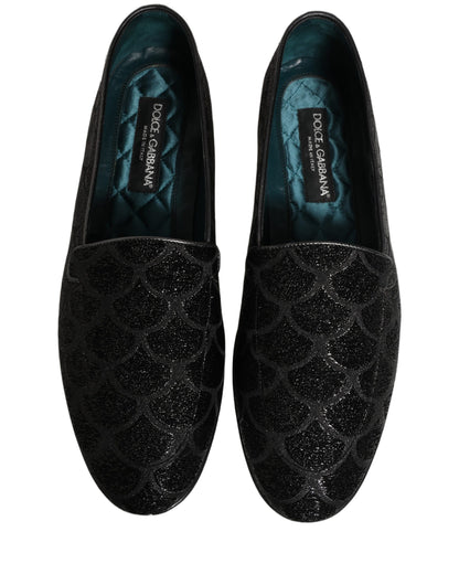 Dolce & Gabbana Men's Leather Loafer Slip-On Shoes - Black Patterned Jacquard