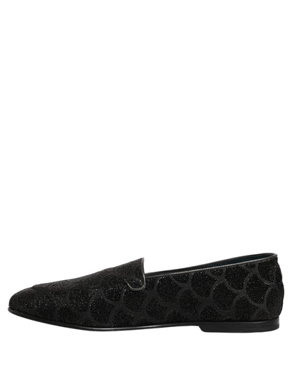 Dolce & Gabbana Men's Leather Loafer Slip-On Shoes - Black Patterned Jacquard