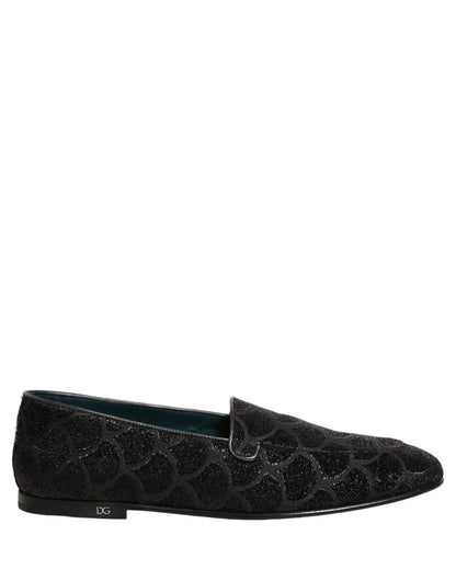Dolce & Gabbana Men's Leather Loafer Slip-On Shoes - Black Patterned Jacquard