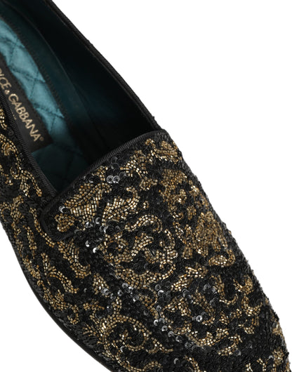 Dolce & Gabbana 9 To 5 501 Men's Leather Loafer Slip-On Slippers Shoes - Black Gold Silver Signature