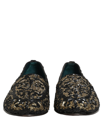 Dolce & Gabbana 9 To 5 501 Men's Leather Loafer Slip-On Slippers Shoes - Black Gold Silver Signature