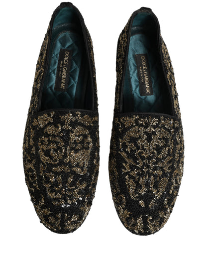 Dolce & Gabbana 9 To 5 501 Men's Leather Loafer Slip-On Slippers Shoes - Black Gold Silver Signature