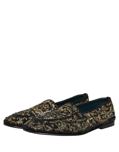 Dolce & Gabbana 9 To 5 501 Men's Leather Loafer Slip-On Slippers Shoes - Black Gold Silver Signature