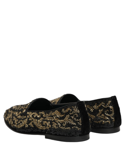 Dolce & Gabbana 9 To 5 501 Men's Leather Loafer Slip-On Slippers Shoes - Black Gold Silver Signature