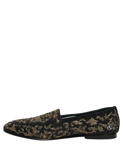 Dolce & Gabbana 9 To 5 501 Men's Leather Loafer Slip-On Slippers Shoes - Black Gold Silver Signature