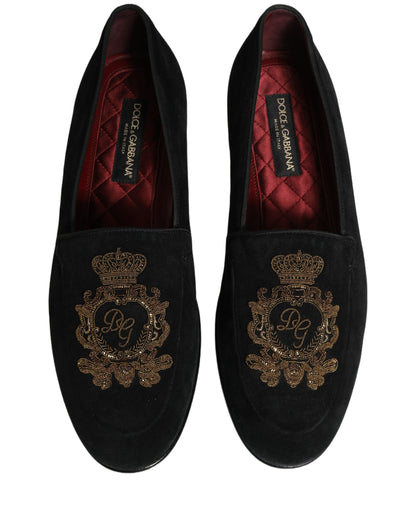 Dolce & Gabbana Black Velvet Crown Embroidery Loafers Shoes