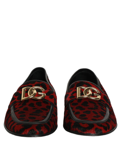 Dolce & Gabbana 9 To 5 Pony Men's Polyester Polyurethane Leather & Fur Loafer Slip-On Shoes - Black Gold Red Leopard Print Patterned Signature Print