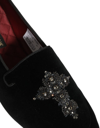 Dolce & Gabbana 9 To 5 Men's Suede Leather & Crystal Loafer Slip-On Shoes - Black Signature